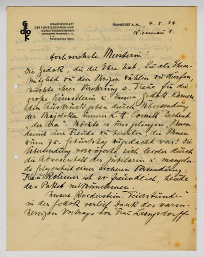 Brief von Clara Stadelmann, Führerin der GEDOK Frankfurt, an Ottilie W. Roederstein, 4. Mai 1934