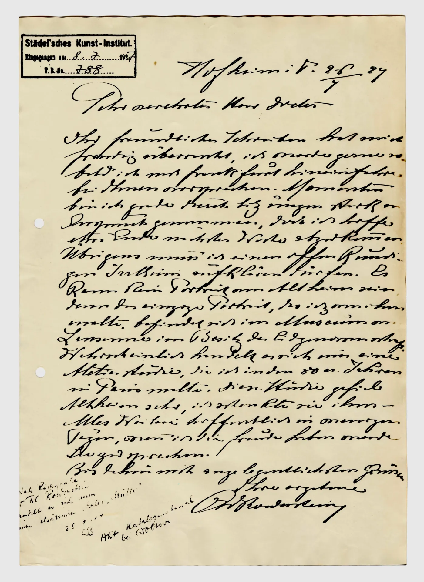 Brief von Ottilie W. Roederstein an Alfred Wolters, 26. Juli 1927