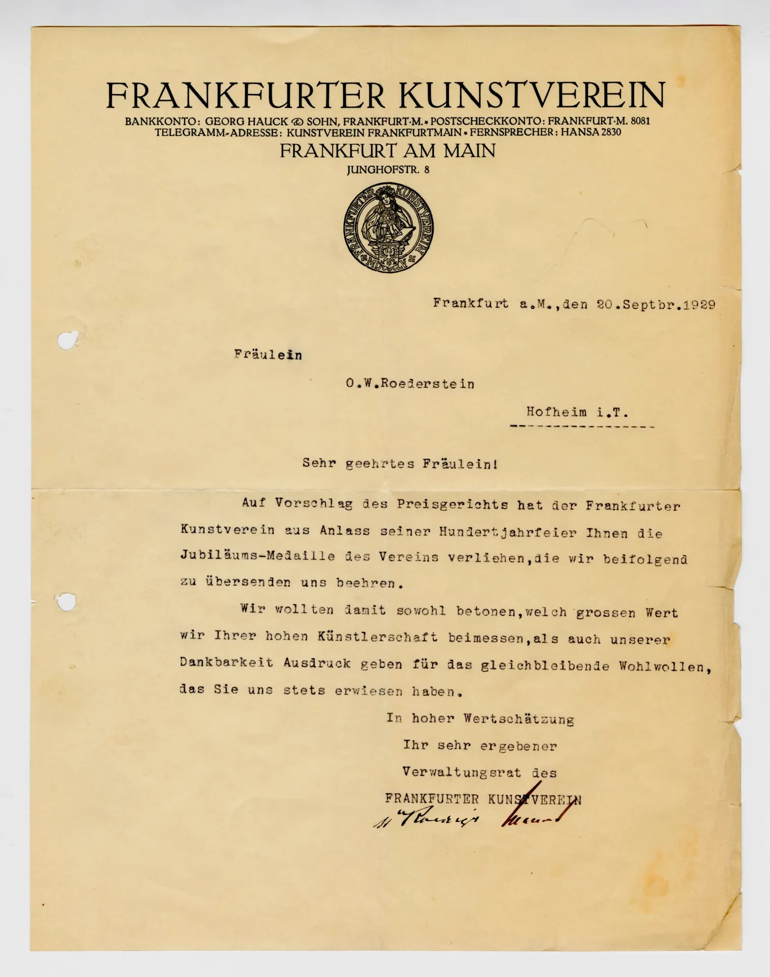 Brief des Frankfurter Kunstvereins an Ottilie W. Roederstein, 20. September 1929