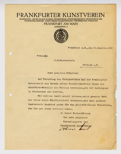 Brief des Frankfurter Kunstvereins an Ottilie W. Roederstein, 20. September 1929