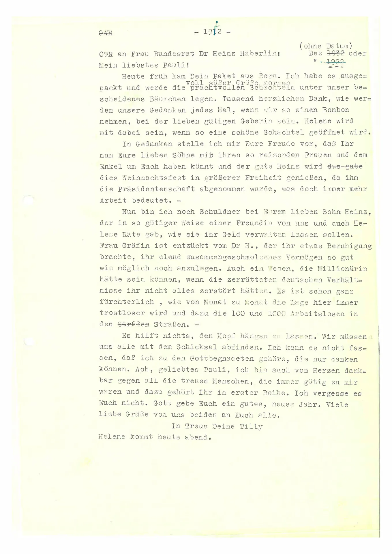 Brief (Transkript) von Ottilie W. Roederstein an Paula Häberlin, undatiert (Dezember 1922?)