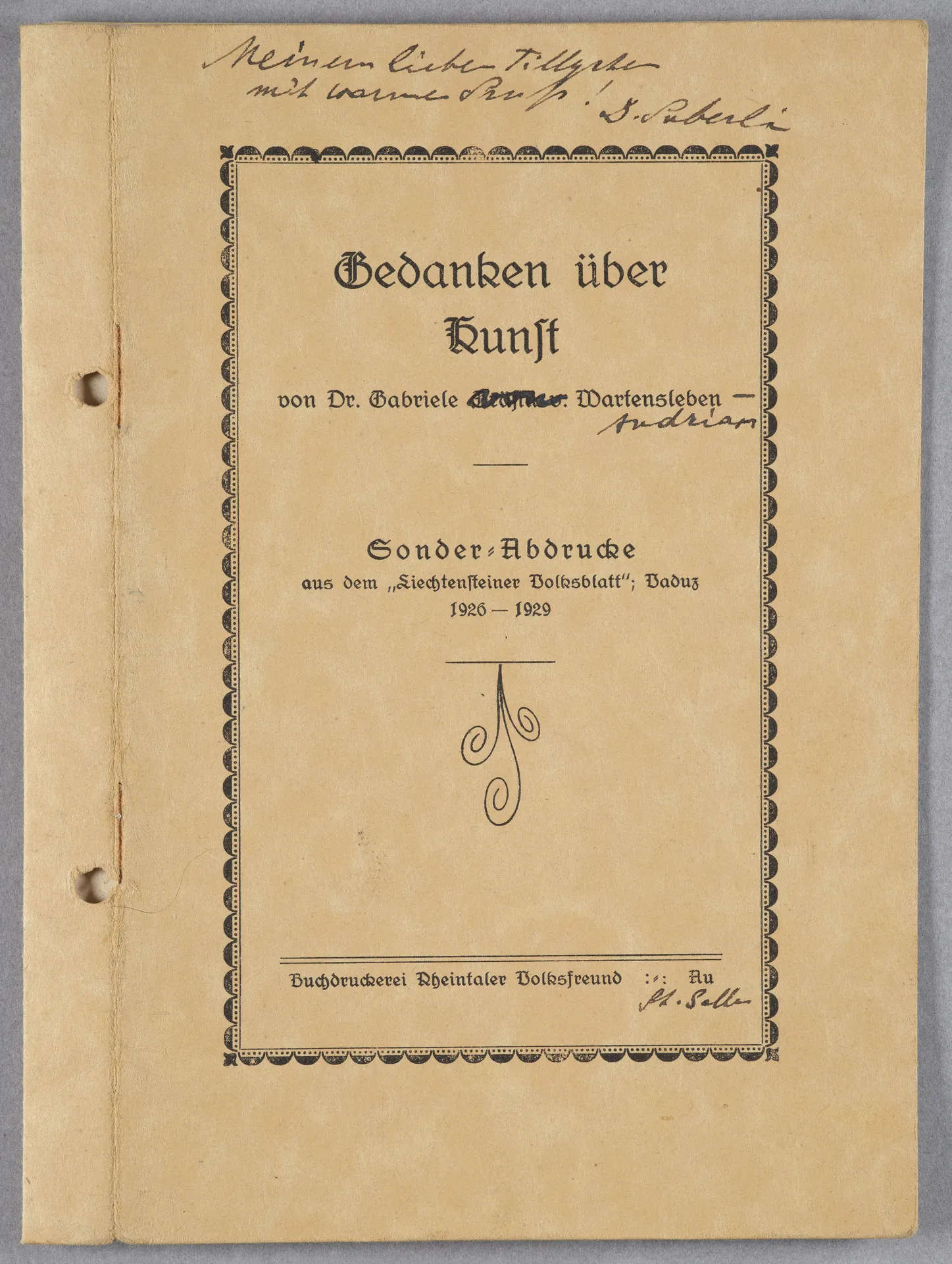 Gabriele von Wartensleben, Gedanken über Kunst, Sonderdruck aus dem "Liechtensteiner Volksblatt", Vaduz 1926-1929