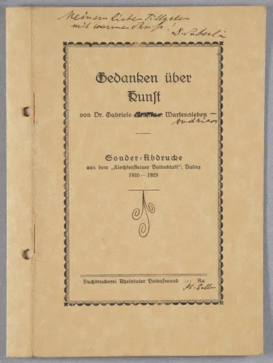 Gabriele von Wartensleben, Gedanken über Kunst, Sonderdruck aus dem "Liechtensteiner Volksblatt", Vaduz 1926-1929