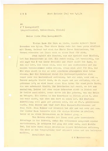 Brief (Transkript) von Ottilie W. Roederstein an Julia Virginia Laengsdorff, 1. August 1934