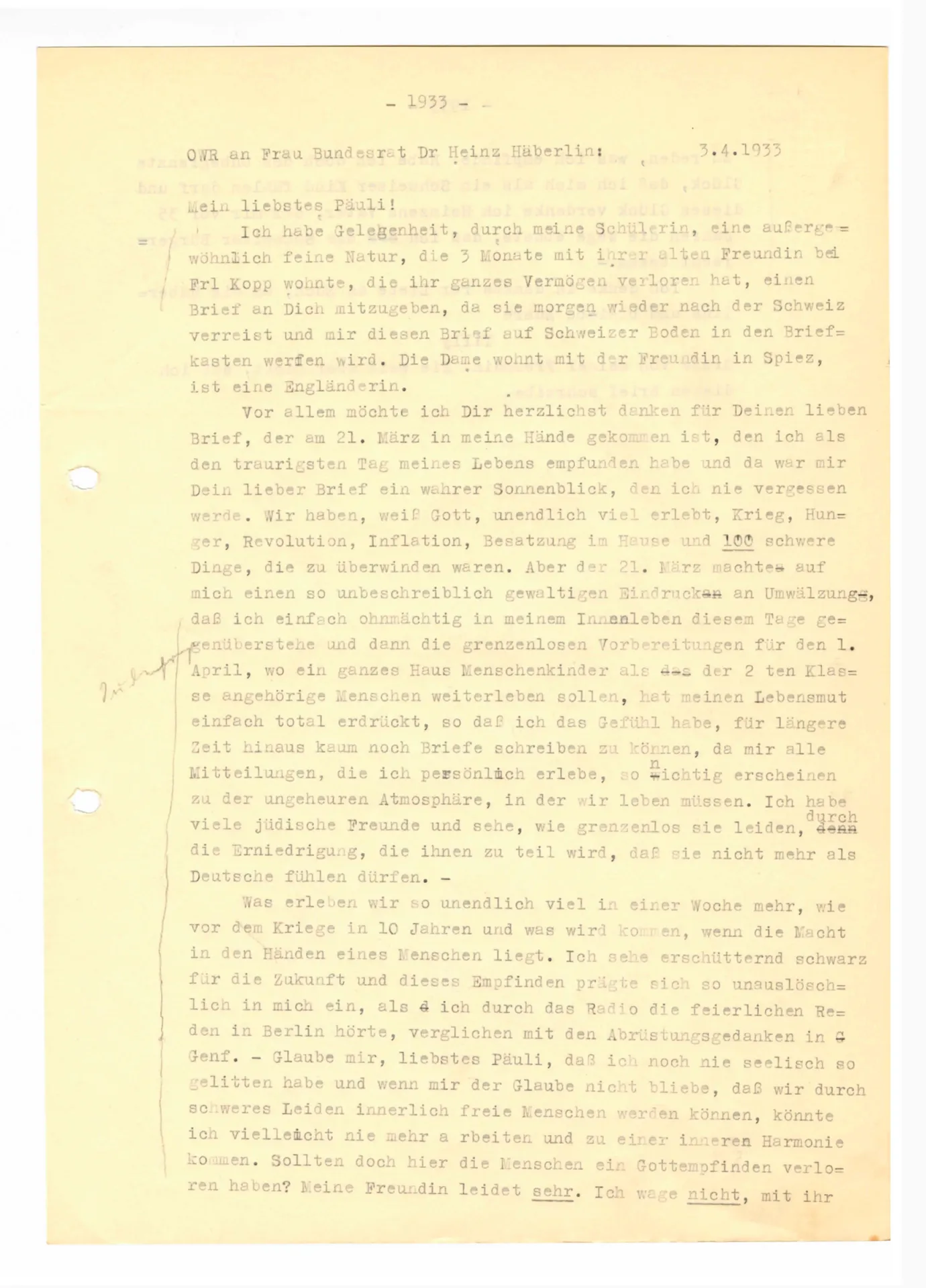 Brief (Transkript) von Ottilie W. Roederstein an Paula Häberlin, 3. April 1933