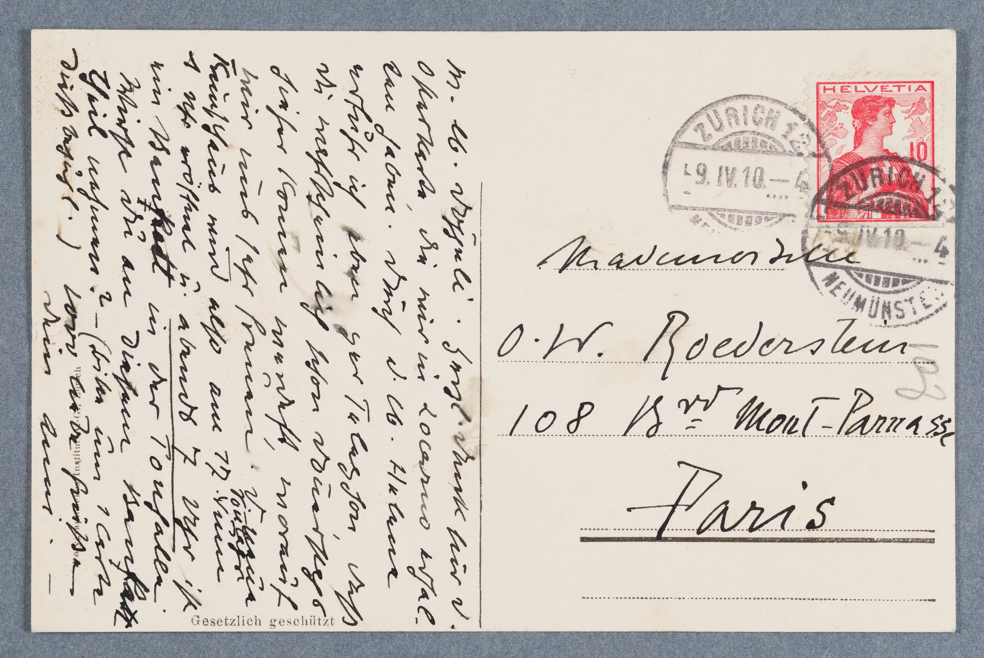 Postkarte von Anny Stebler-Hopf an Ottilie W. Roederstein, 9. April 1910