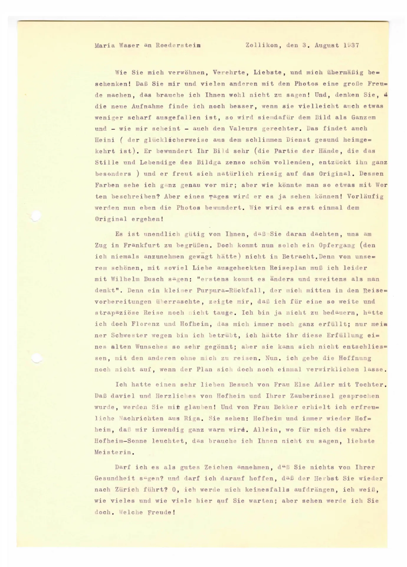 Brief (Transkript) von Maria Waser an Ottilie W. Roederstein, 3. August 1937