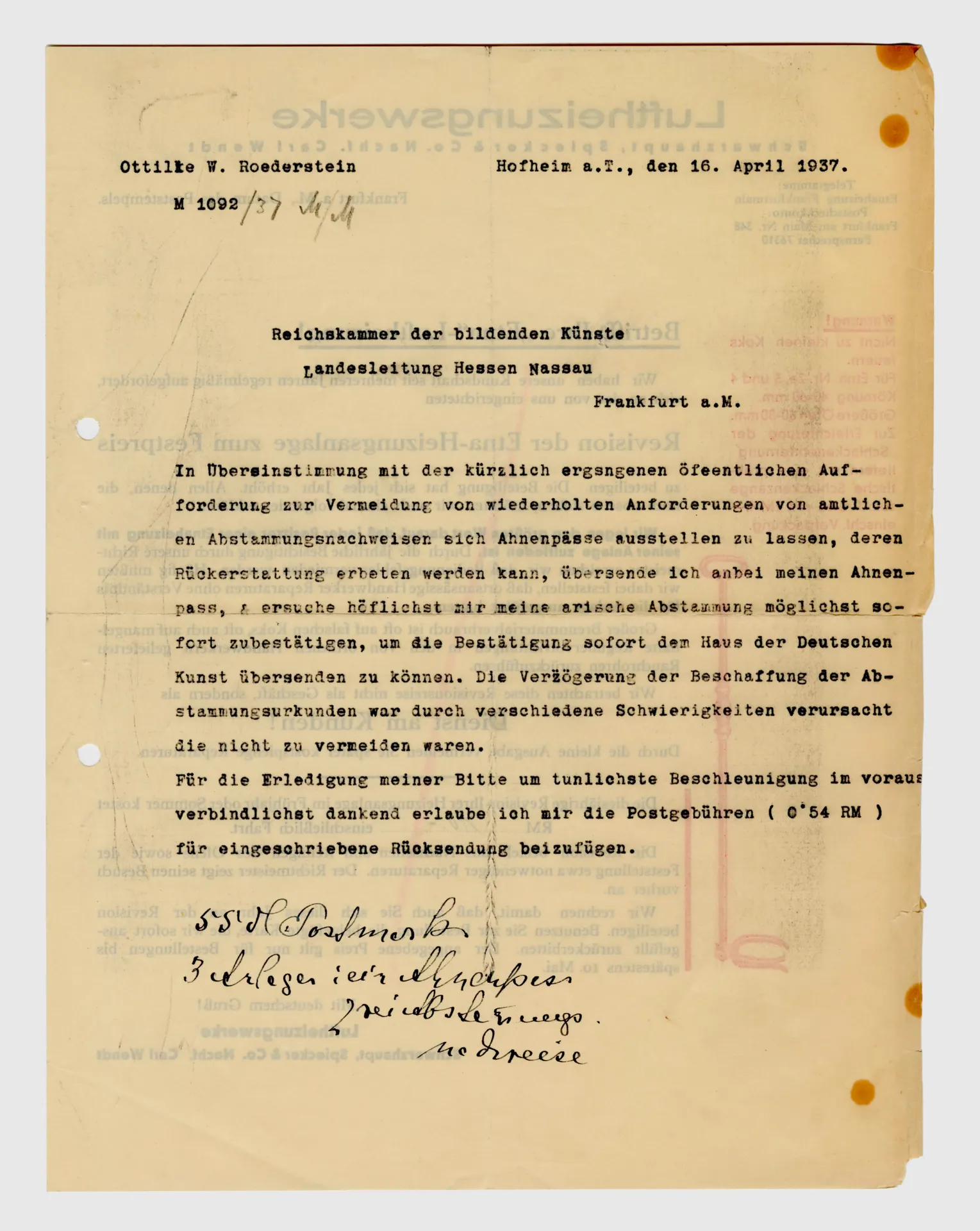 Brief von Ottilie W. Roederstein an die Reichskammer der bildenden Künste Hessen-Nassau, 16. März 1937