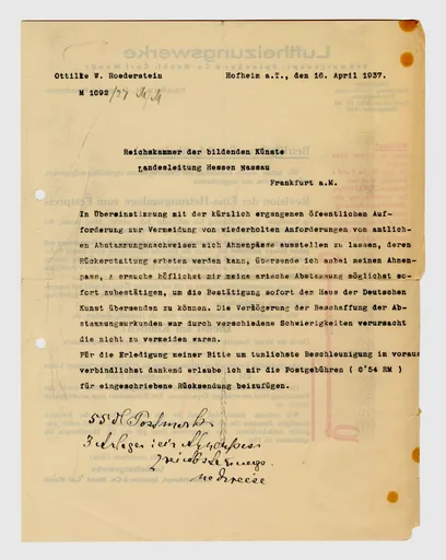 Brief von Ottilie W. Roederstein an die Reichskammer der bildenden Künste Hessen-Nassau, 16. April 1937