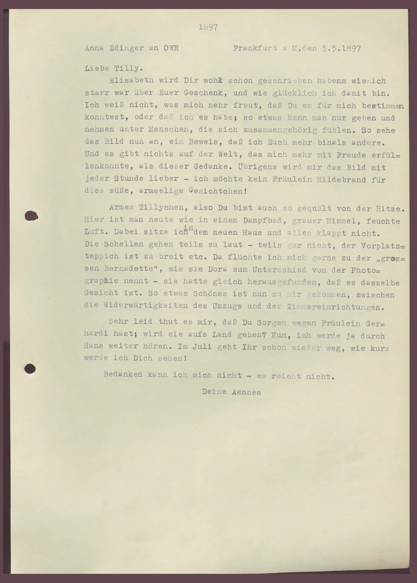 Brief (Transkript) von Anna Edinger an Ottilie W. Roederstein, 5. Mai 1897
