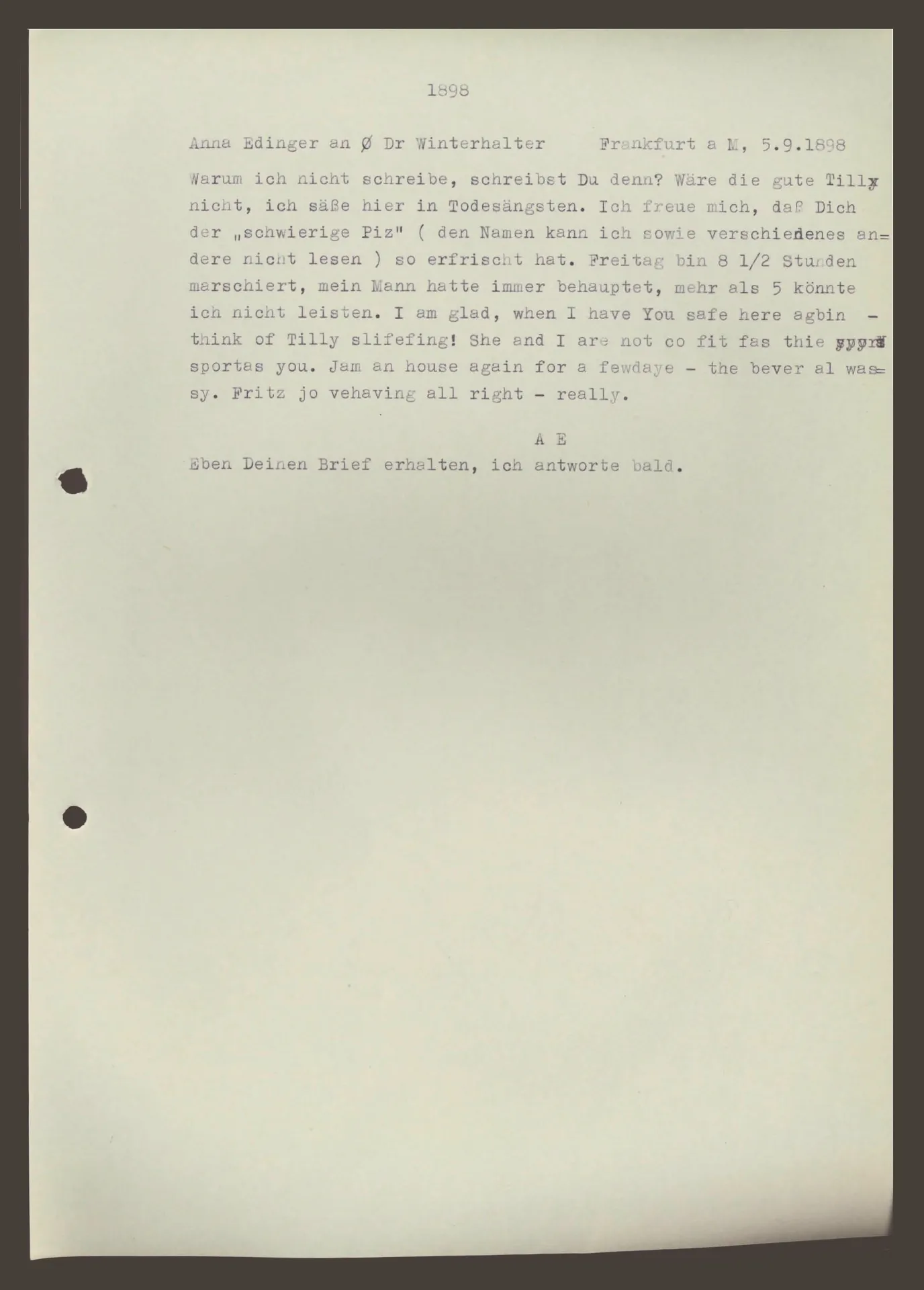 Postkarte (Transkript) von Anna Edinger an Elisabeth H. Winterhalter, 5. September 1898