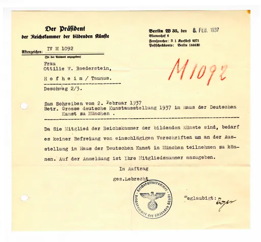 Brief der Reichskammer der bildenden Künste Berlin an Ottilie W. Roederstein, 8. Februar 1937