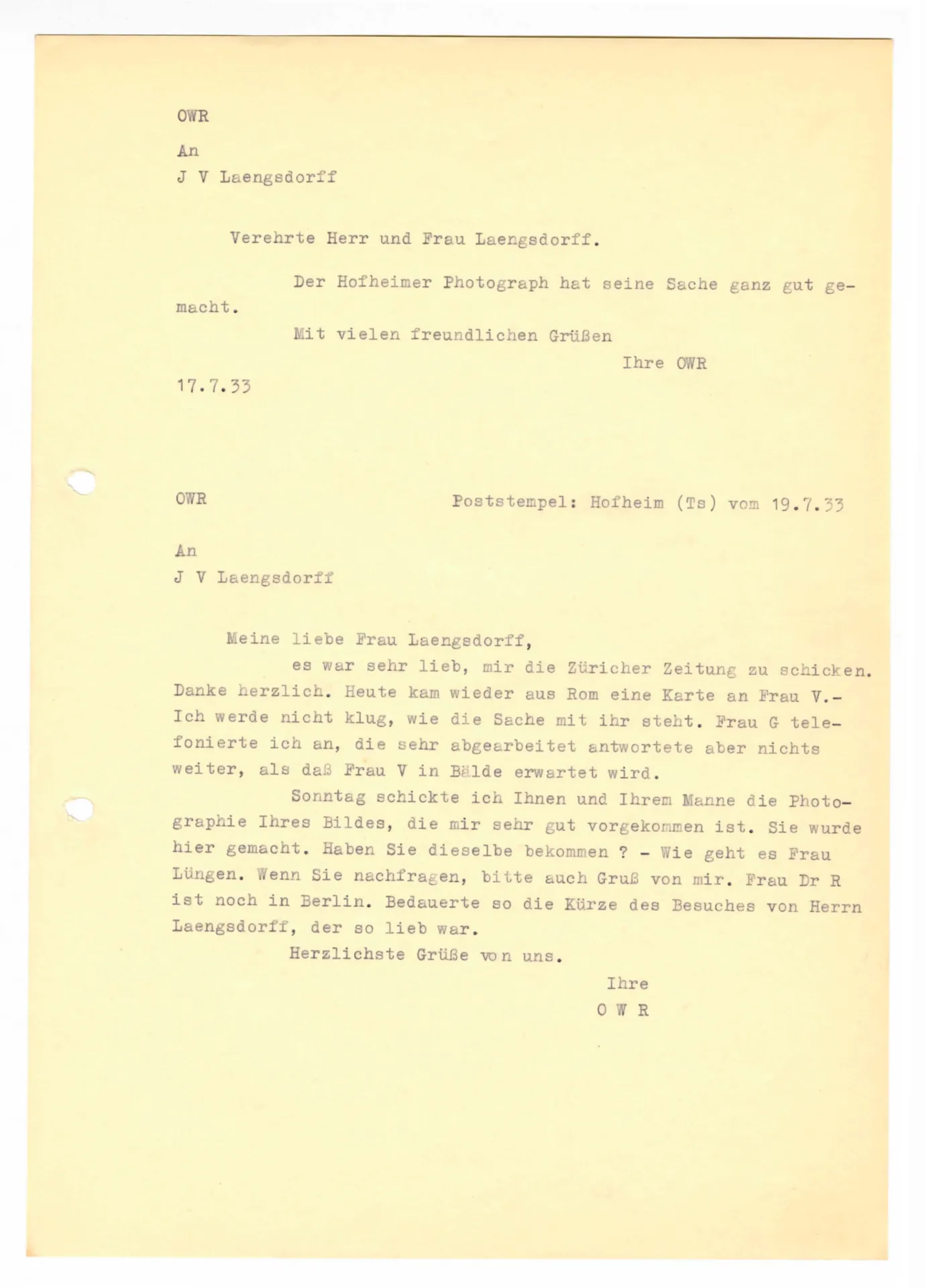Brief (Transkript) von Ottilie W. Roederstein an Julia Virginia Laengsdorff, 17. Juli 1933
