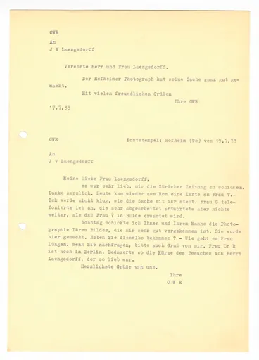 Brief (Transkript) von Ottilie W. Roederstein an Julia Virginia Laengsdorff, 17. Juli 1933