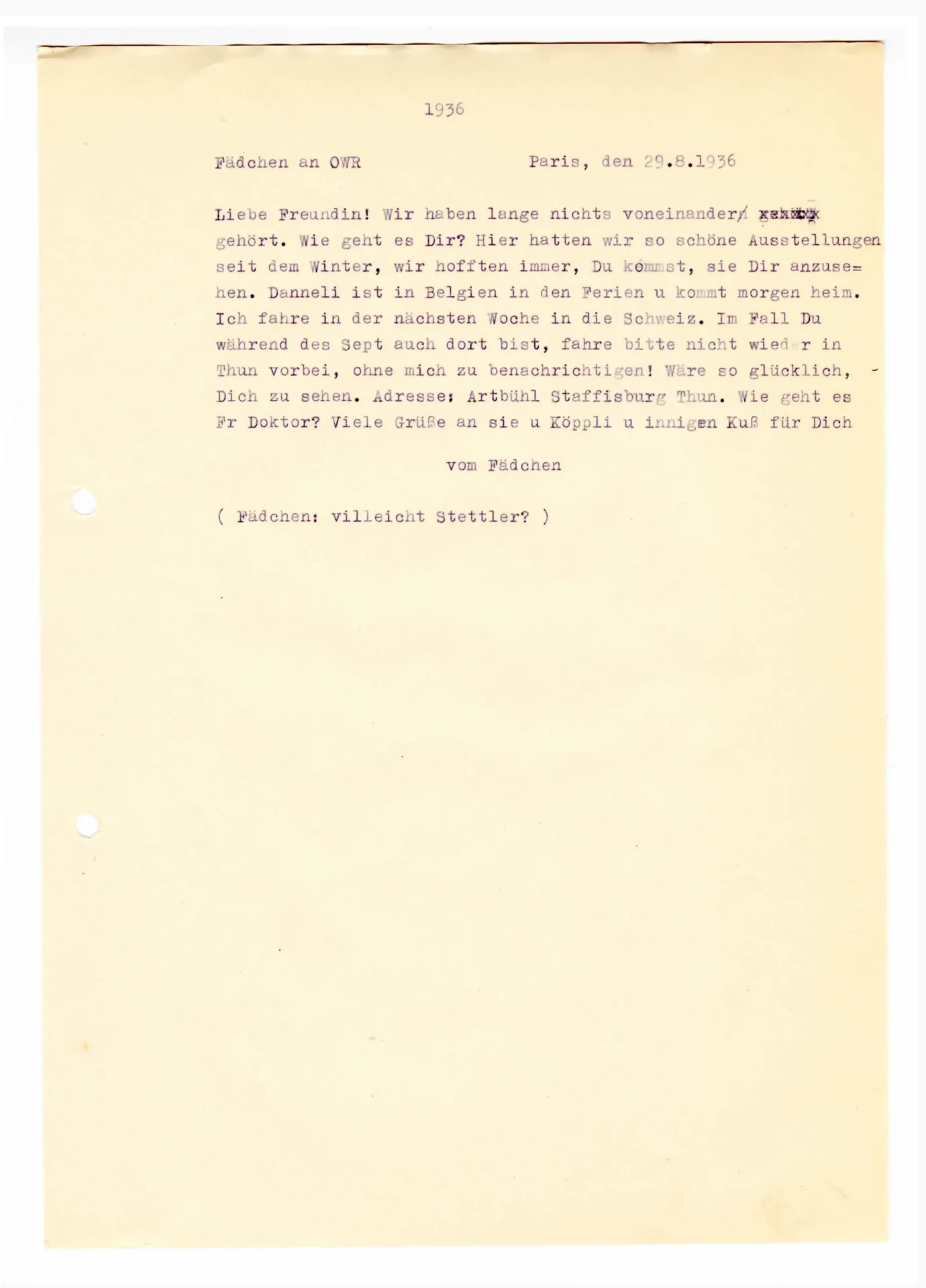 Postkarte (Transkript) von Martha Stettler an Ottilie W. Roederstein, 29. August 1936