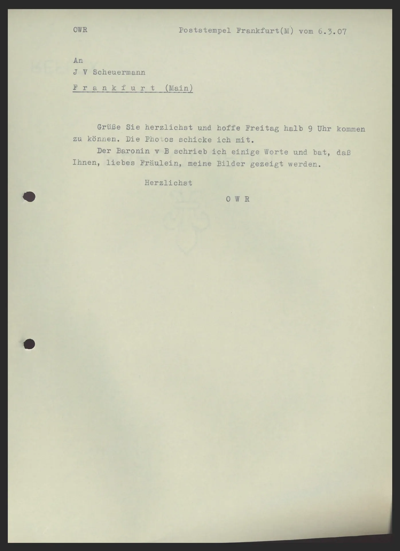 Brief (Transkript) von Ottilie W. Roederstein an Julia Virginia Scheuermann, 6. März 1907