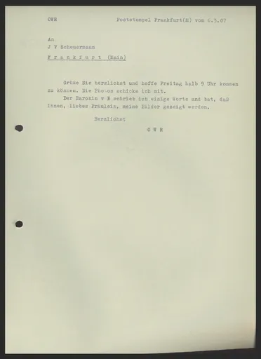 Brief (Transkript) von Ottilie W. Roederstein an Julia Virginia Scheuermann, 6. März 1907
