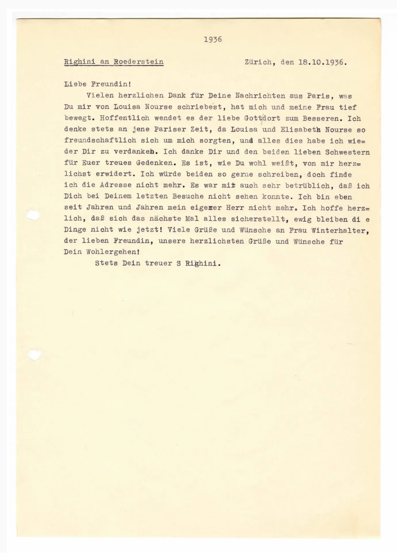Brief (Transkript) von Sigismund Righini an Ottilie W. Roederstein, 18. Oktober 1936