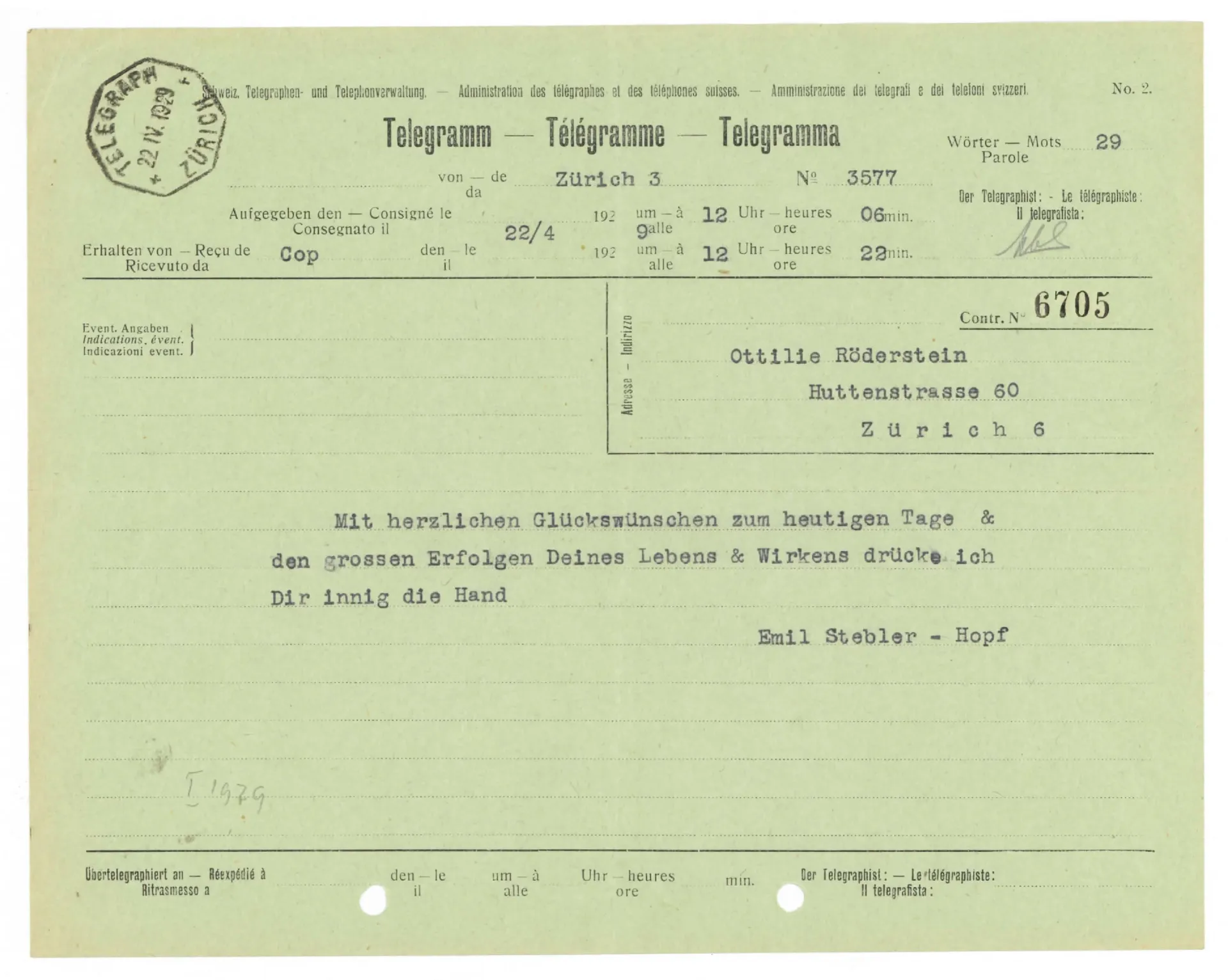 Telegramm von Emil Stebler-Hopf an Ottilie W. Roederstein, 22. April 1929