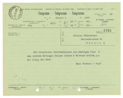 Telegramm von Emil Stebler-Hopf an Ottilie W. Roederstein, 22. April 1929