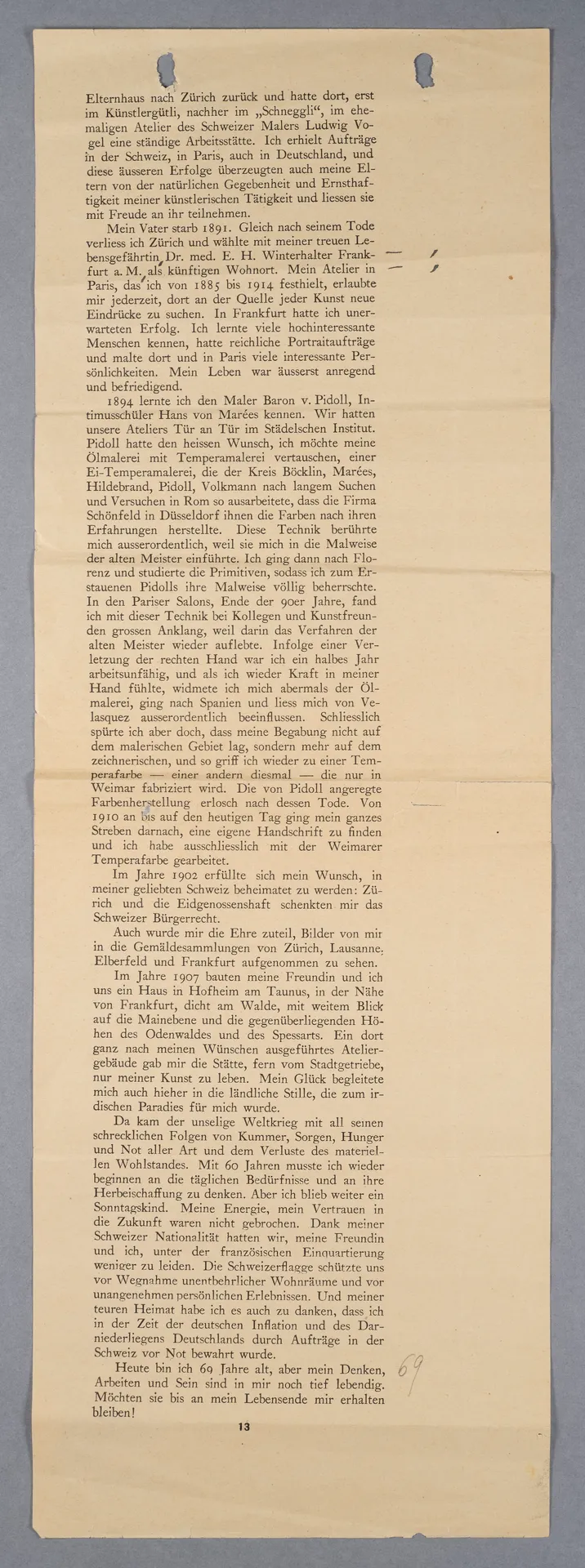 Ottilie W. Roederstein, Mein Lebenslauf, 1929