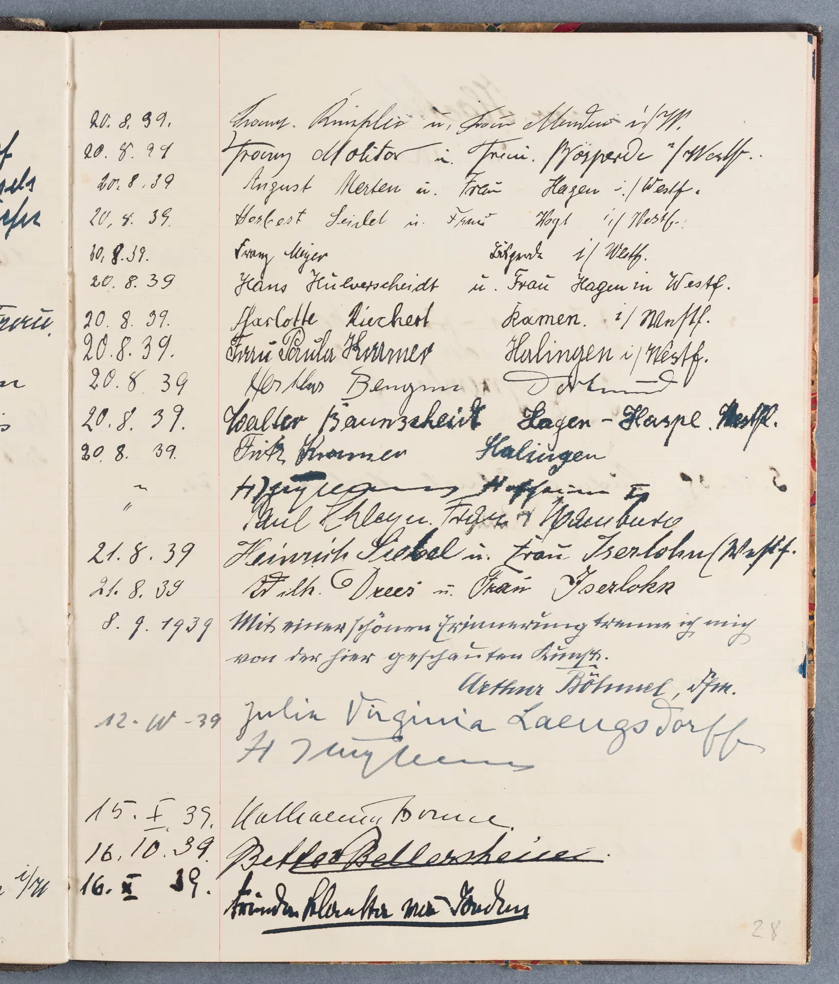 Besucherbuch des Ateliers von Ottilie W. Roederstein in Hofheim am Taunus