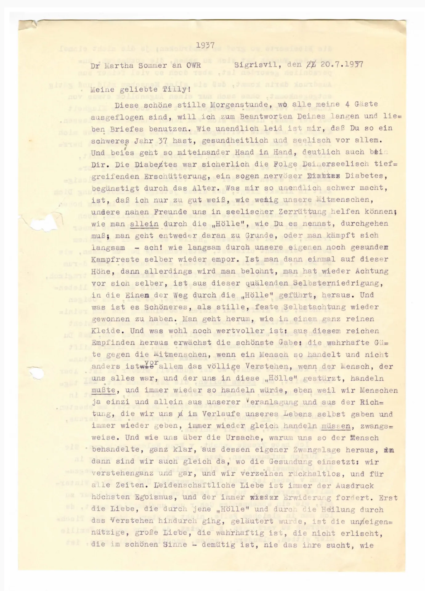 Brief (Transkript) von Martha Sommer an Ottilie W. Roederstein, 20. Juli 1937