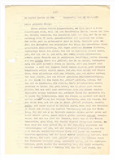 Brief (Transkript) von Martha Sommer an Ottilie W. Roederstein, 20. Juli 1937