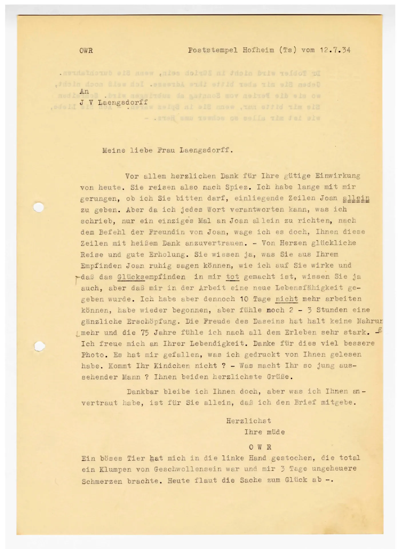 Brief (Transkript) von Ottilie W. Roederstein an Julia Virginia Laengsdorff, 12. Juli 1934