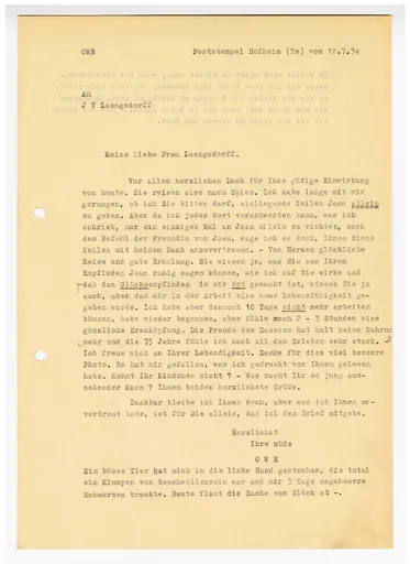 Brief (Transkript) von Ottilie W. Roederstein an Julia Virginia Laengsdorff, 12. Juli 1934