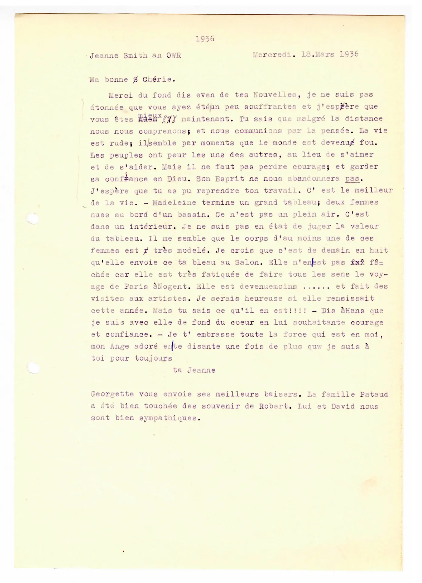 Brief (Transkript) von Jeanne Smith an Ottilie W. Roederstein, 18. März 1934