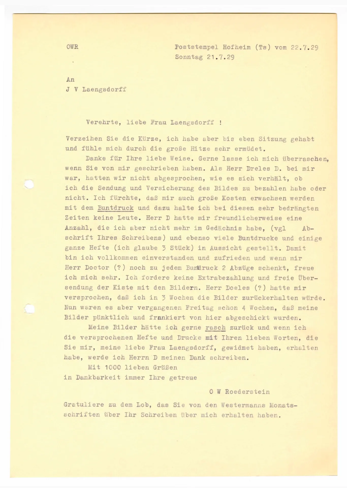 Brief (Transkript) von Ottilie W. Roederstein an Julia Virginia Laengsdorff, 21. Juli 1929