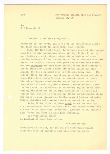 Brief (Transkript) von Ottilie W. Roederstein an Julia Virginia Laengsdorff, 21. Juli 1929