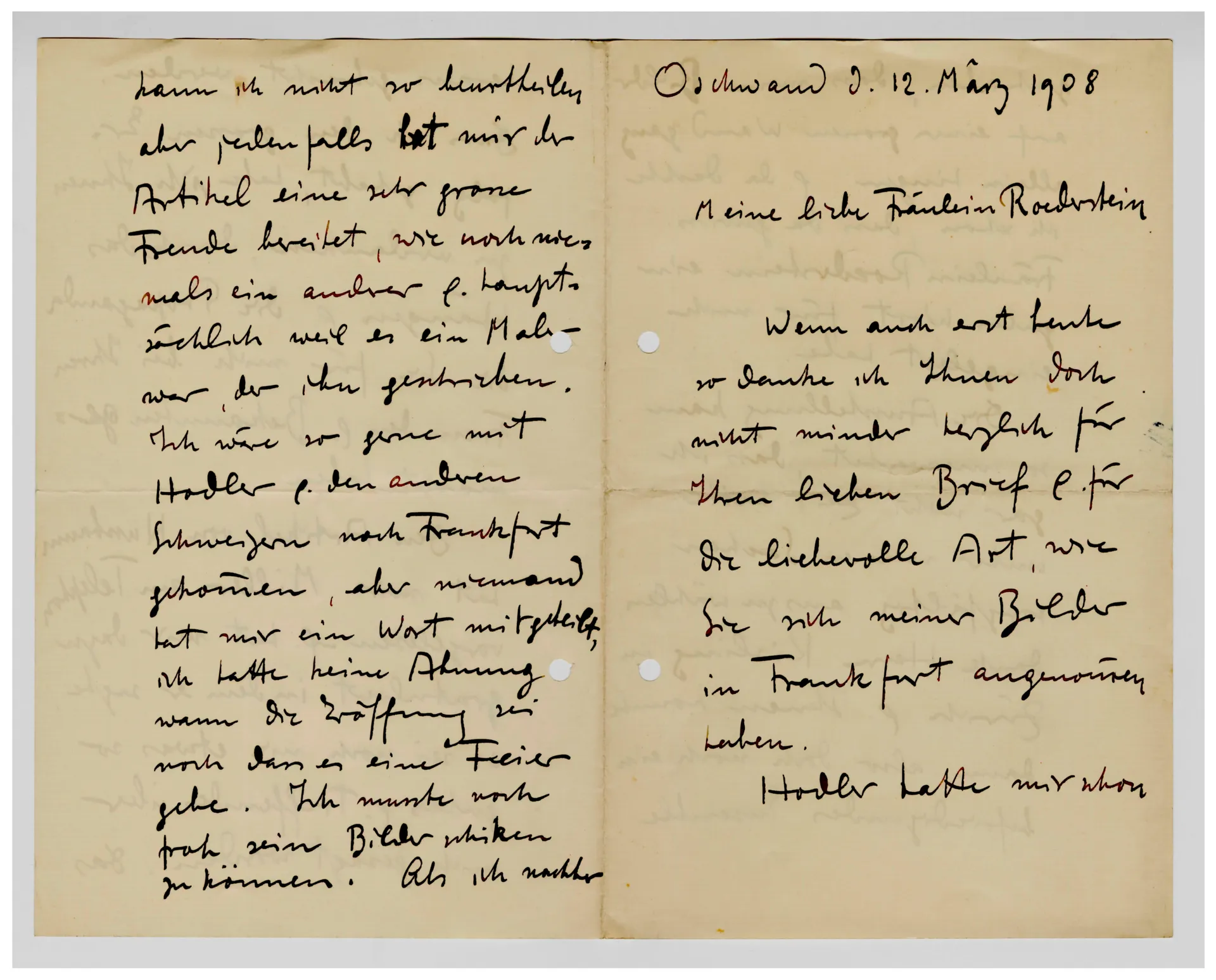 Brief von Cuno Amiet an Ottilie W. Roederstein, 12. März 1908