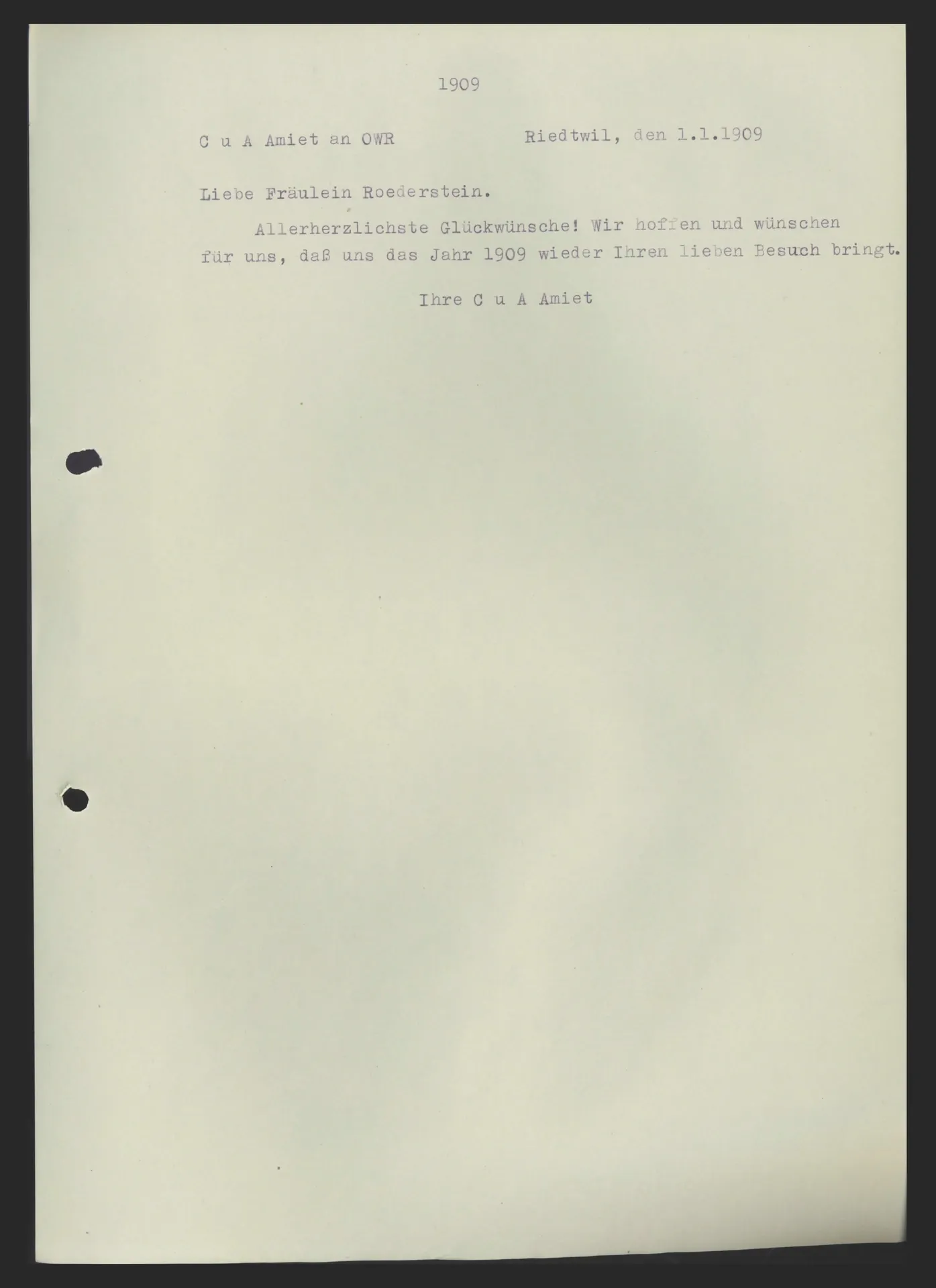 Postkarte (Transkript) von Cuno und Anna Amiet an Ottilie W. Roederstein, 1. Januar 1909